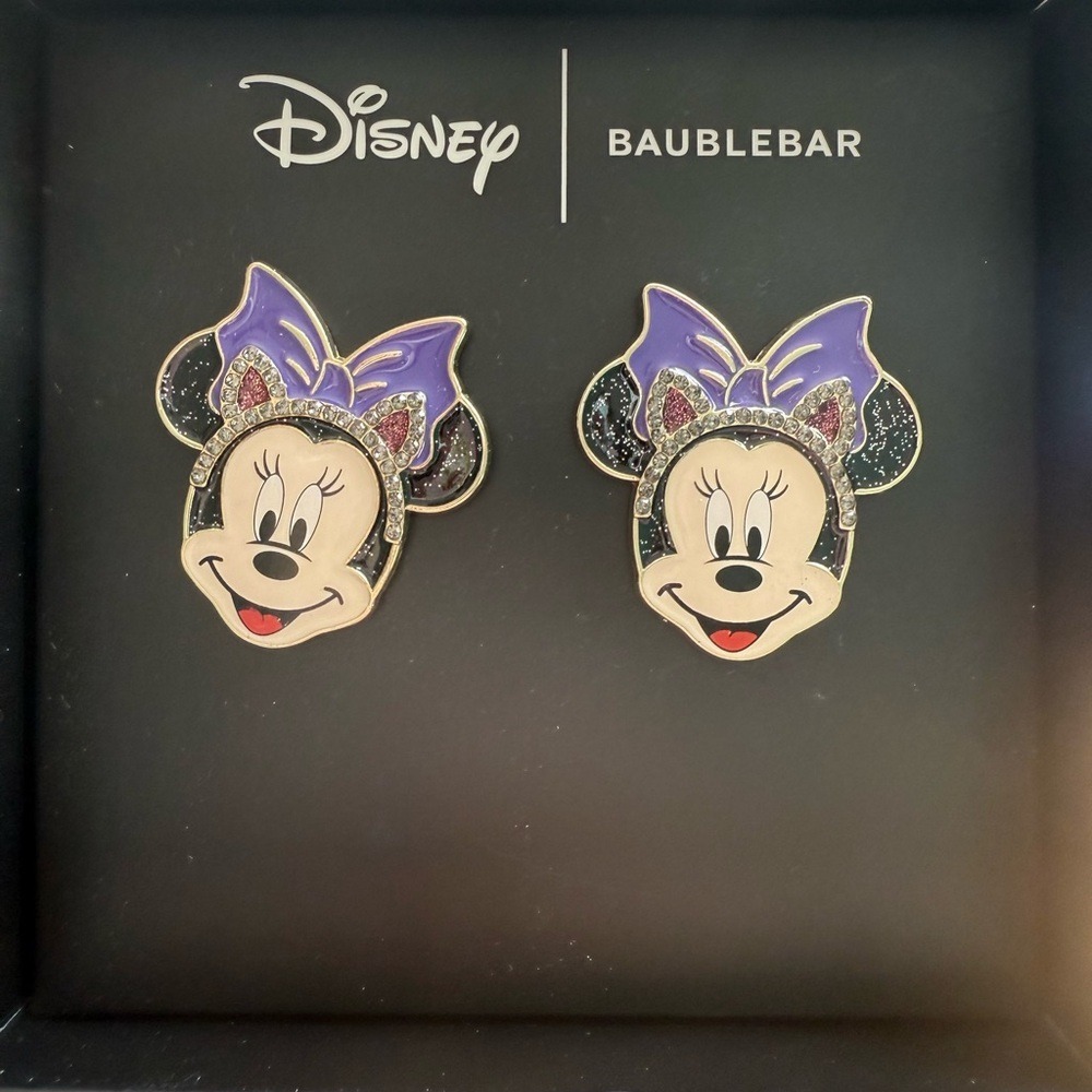 Disney x BaubleBar Minnie Mouse Purple‎ Bow Enamel Rhinestone Stud Earrings New